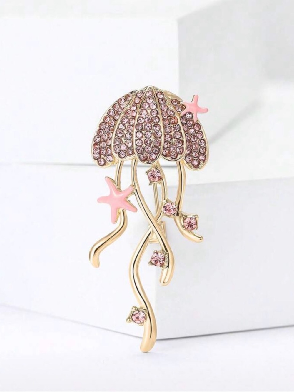 Gold & Pink Crystal Jellyfish Brooch - Women Jewelry